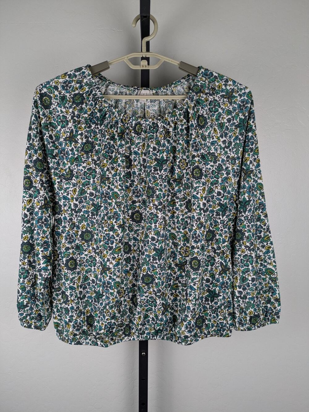 LOFT Outlet Green Floral Print Textured Blouse Elastic Cuffs Neck Waist